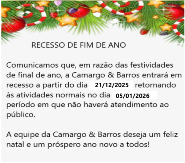 Estaremos em Recesso do dia 22/12/2023 á 08/01/2024