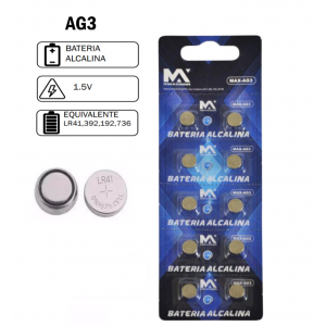 BATERIA ALCALINA AG3 LR41 C/10 UN. 1,5V MAX-AG3