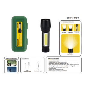 LANTERNA DE ALUMINIO RECARREGAVEL COM LED XPE E COB BOM-4303