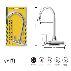TORNEIRA DE PVC E INOX CROMADA  PARA COZINHA DE PAREDE BOM-2012