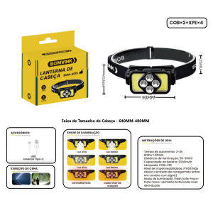 LANTERNA DE CABEÇA COB RECARREGAVEL USB BOM-4015