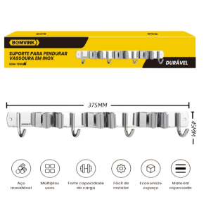 SUPORTE PARA PENDURAR VASSOURAS EM INOX  BOM-7506