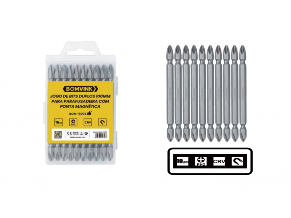 KIT DE BITS PONTA DUPLA PHILIPS 10 PCS COM IMÃ PH2 X 100 MM  BOM-5005
