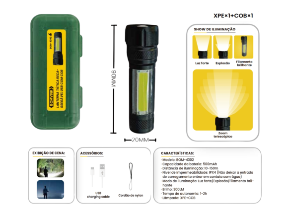 LANTERNA TATICA RECARREGAVEL COM LED XPE E COB BOM-4302