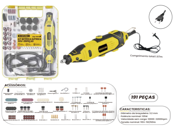 KIT MINI RETIFICA ELETRICA 220V 135W 191 PEÇAS BOM-9606