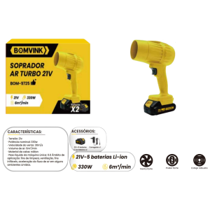 SOPRADOR AR TURBO  RECARREGAVEL C/2 BATERIAS 21V  330W BOM-9725