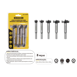 KIT DE BROCAS PARA MADEIRA TIPO FORSTNER 5PCS 15, 20, 25, 30 E 35MM BOM-5029