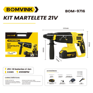 MARTELETE PERFURADOR A BATERIA 21V 3.0AH 4500BPM  BOM-9716
