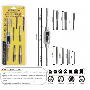 JOGO DE MACHO P/ FAZER ROSCA COM 8 PCS BOM-3231