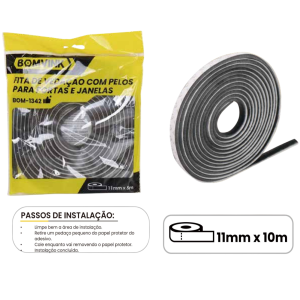 FITA DE VEDAÇÃO COM PELOS P/ PORTAS E JANELAS 11MM X 5M BOM-1342