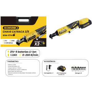 CHAVE CATRACA 3/8 COM 2 BATERIA 21V 220W  0-200R/MIN  BOM-9714