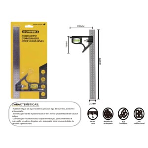 ESQUADRO DE AÇO INOX COM NIVEL TAMANHO 30CM BOM-6514