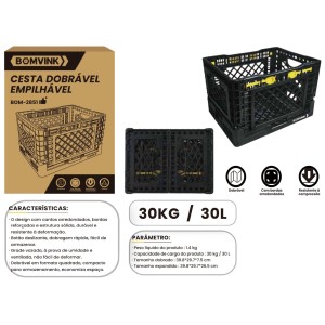 CAIXA/CESTO DOBRAVÉL EMPILHAVEL CARGA MAXIMA 30 KG BOM-2851