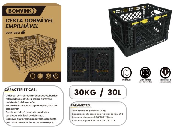 CAIXA/CESTO DOBRAVÉL EMPILHAVEL CARGA MAXIMA 30 KG BOM-2851