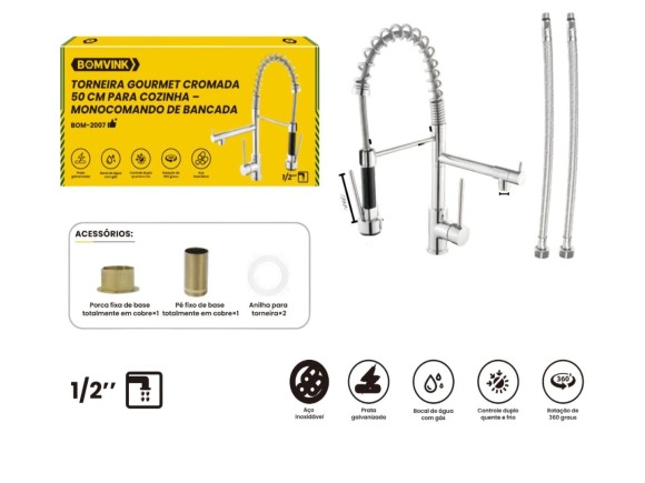 TORNEIRA GOURMET DE INOX CROMADA  PARA COZINHA BOM-2007