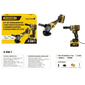 CHAVE DE IMPACTO 300N.M E ESMERILHADEIRA 125MM  RECARREGAVEL C/2 BATERIAS 21V  BOM-9726