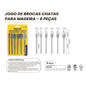 KIT DE BROCAS CHATA P/ MADEIRA C/ 6 PCS  10,12,16,18,20,25MM BOM-5031