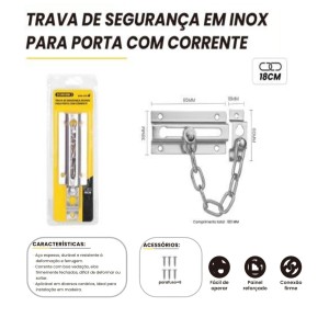 FECHO DE AÇO PARA PORTA COM CORRENTE TRAVA DE SEGURANÇA  BOM-2713