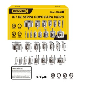 SERRA COPO DIAMANTADA PARA CORTAR VIDRO COM 15 PCS BOM-5206