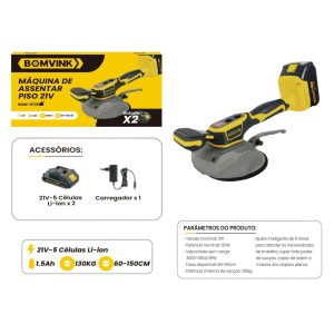 MAQUINA DE ASSENTAR PISO C/ VENTOSA  RECARREGAVEL C/2 BATERIAS 21V  BOM-9721