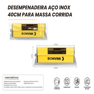 DESEMPENADEIRA DE AÇO INOX LISA 40CM PARA MASSA CORRIDA BOM-1566