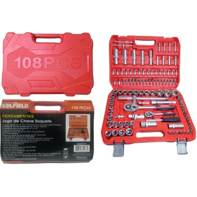 KIT FERRAMENTAS MALETA SOQUETES E CATRACA COM 108 PÇS  GOLFIELD 00207511