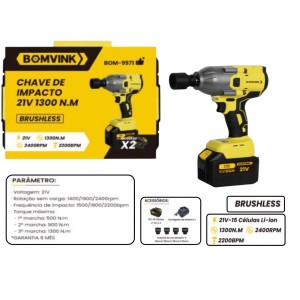 CHAVE DE IMPACTO RECARREGAVEL C/2 BATERIAS 21V  1300 N.M BOM-9971