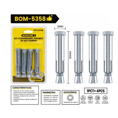 KIT CHUMBADOR PARABOLT EM AÇO 12X80MM C/ 4  PCS BOM-5358