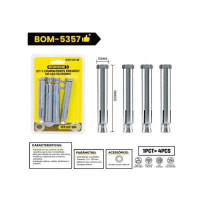 KIT CHUMBADOR PARABOLT EM AÇO 10X100MM C/ 4  PCS BOM-5357