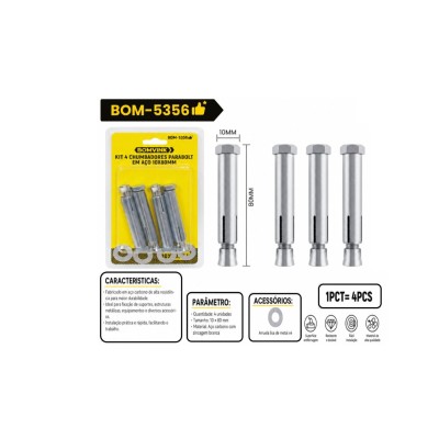 KIT CHUMBADOR PARABOLT EM AÇO 10X80MM C/ 4  PCS BOM-5356