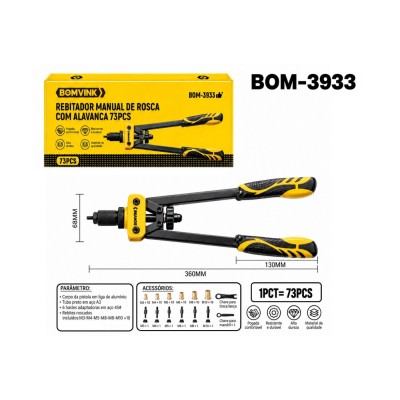 ALICATE REBITADOR MANUAL COM ROSCA TIPO ALAVANCA 73 PCS BOM-3933